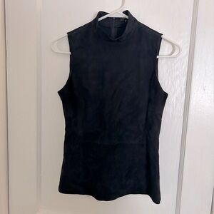 Theory Womens Back Zip Sleeveless Mixed Media Suede Top Navy Blue Size Petite